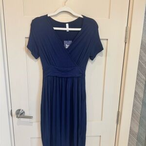 Blue Ruched Midi Sundress V-Neck Short Sleeve
